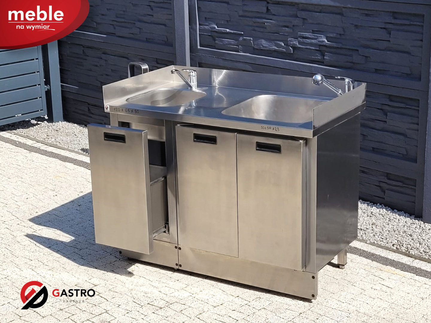 Zlew gastronomiczny 2 komorowy z szafką i koszem 1200x650x900