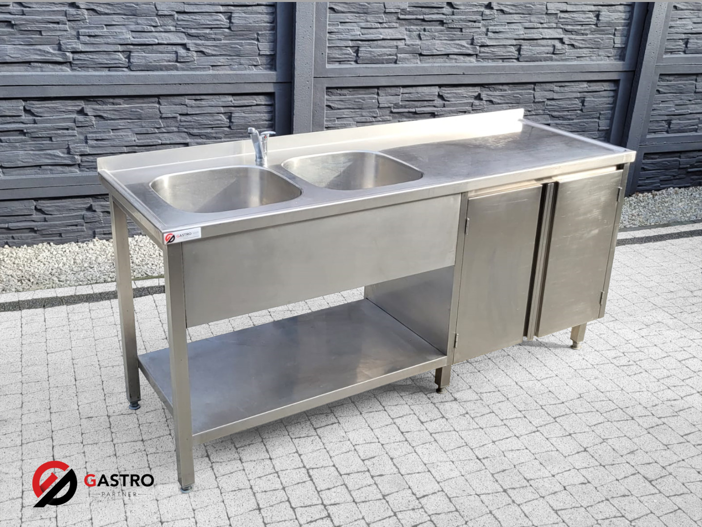 Zlew gastronomiczny 2-komorowy z półką i szafką 180x60x85