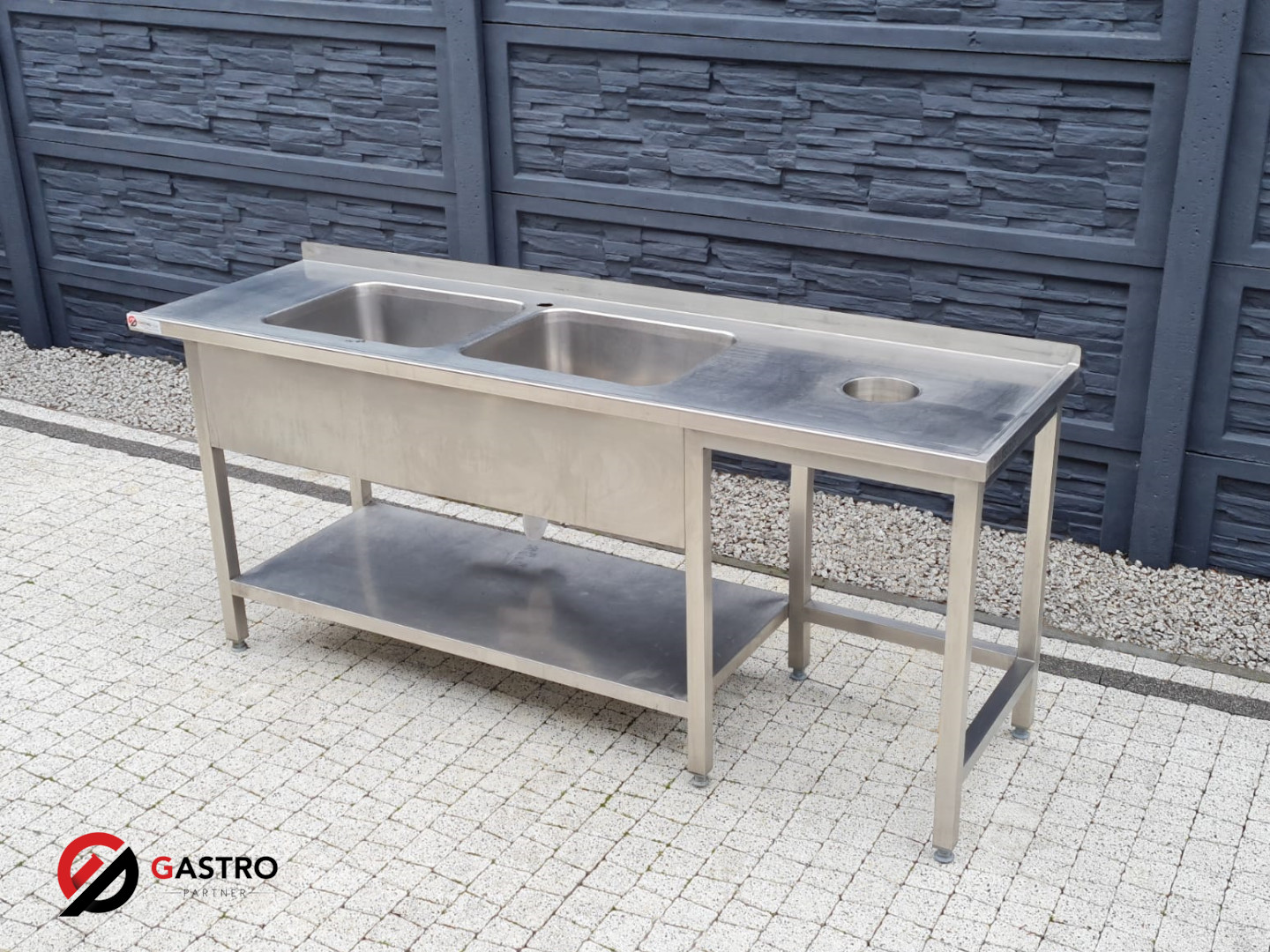 Zlew gastronomiczny 2 komorowy z półką i otworem na odpadki 2040x600x850